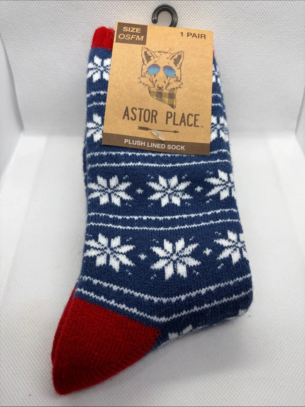 New With Tags Fair Isle Christmas Socks Blue White Red Snowflakes Plush Lined
